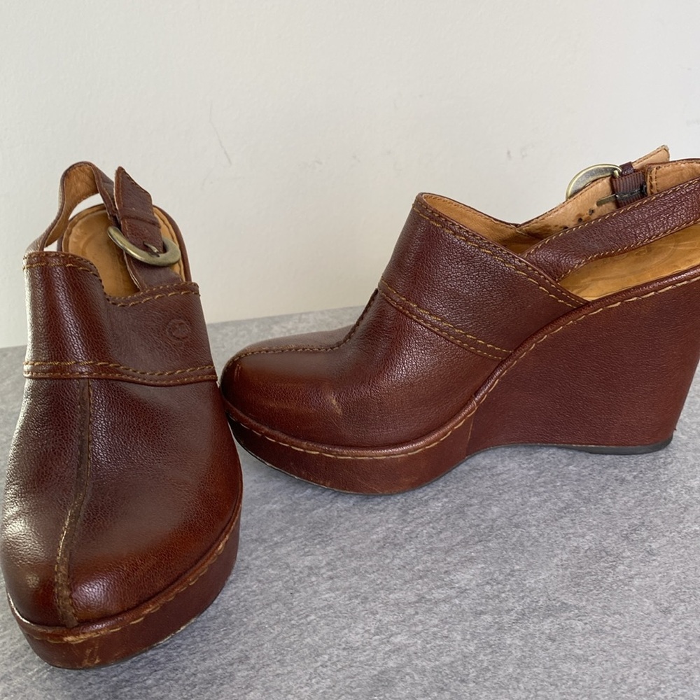 Born Brown Leather Clog Wedge Heels Mules Size 8 -100% leather - Picture 6 of 6